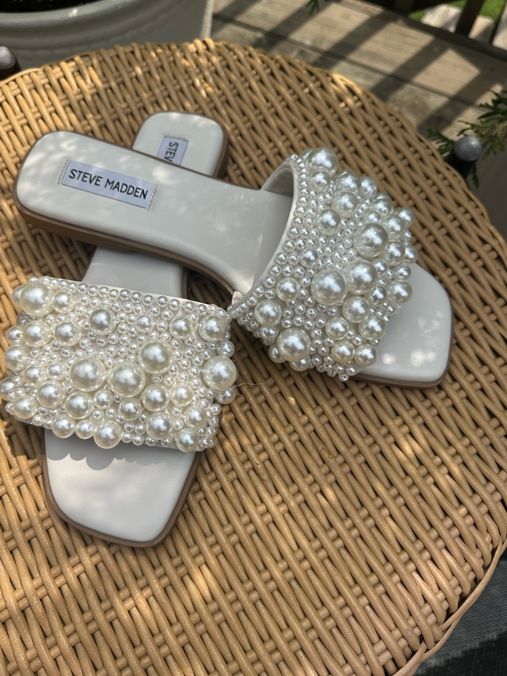 Steve Madden Pearl-Embellished White Slide Sandals